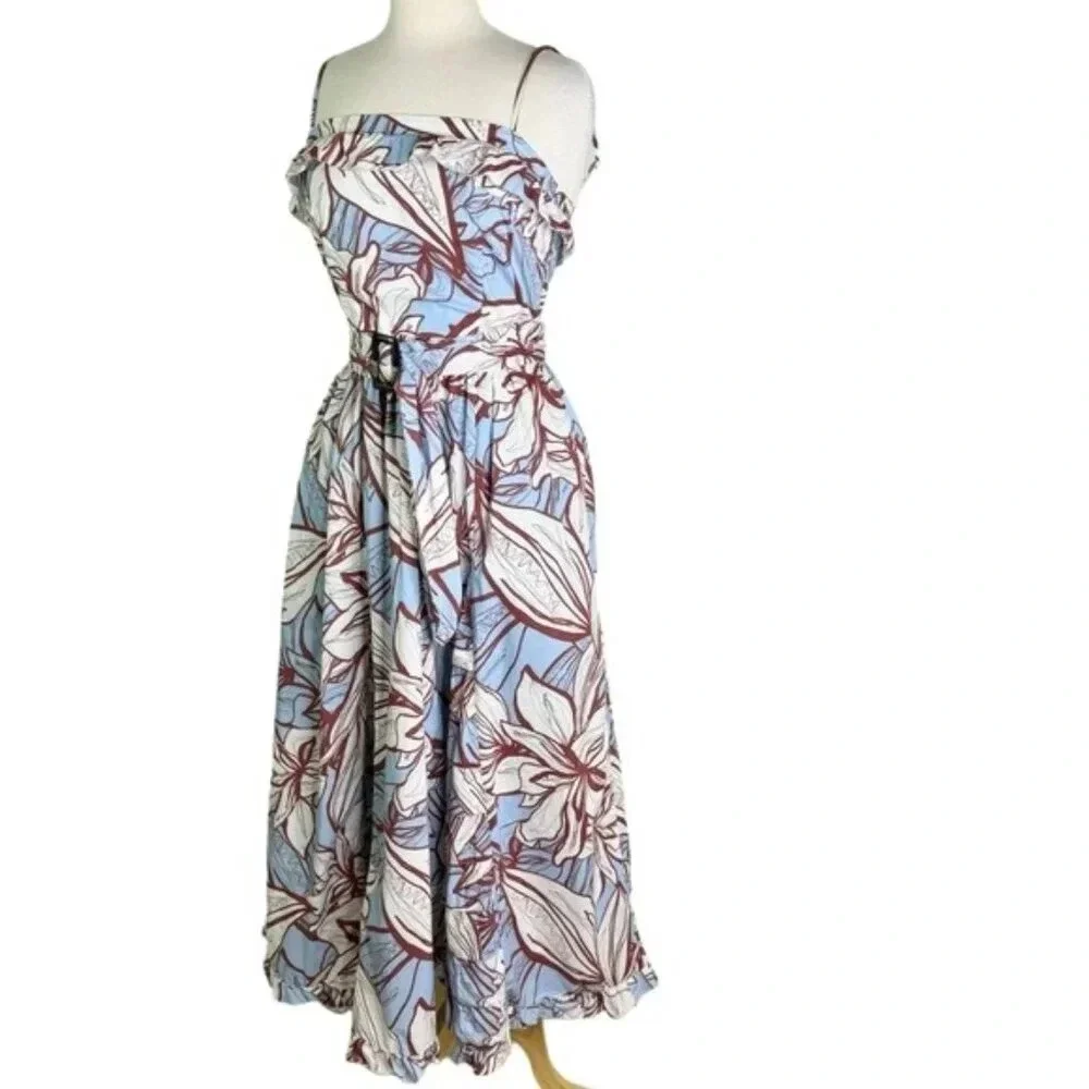 NICHOLAS Julie Cotton Floral Midi Dress Ruffle Detail and Pockets Blue Size 2